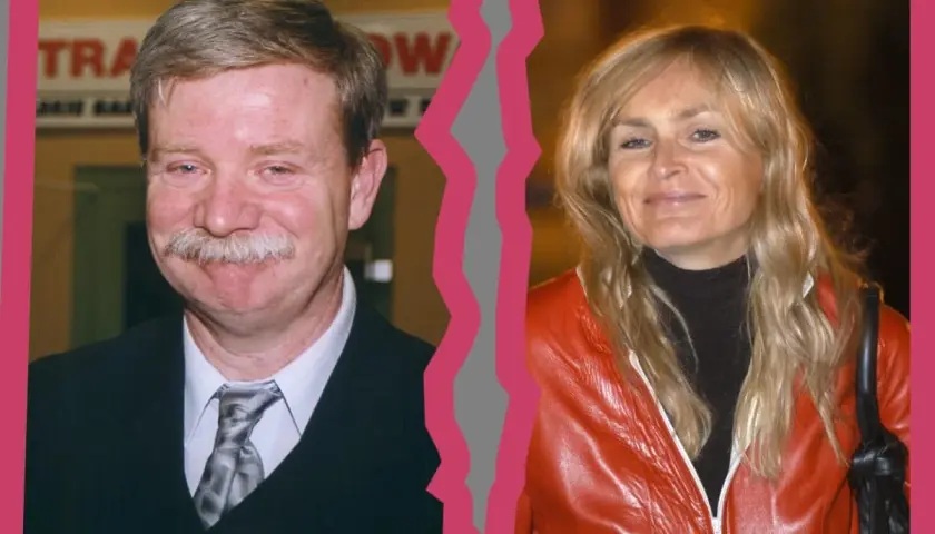 Monika Olejnik i Jerzy Wasowski, uśmiechnięci, podzieleni różową wstęgą.