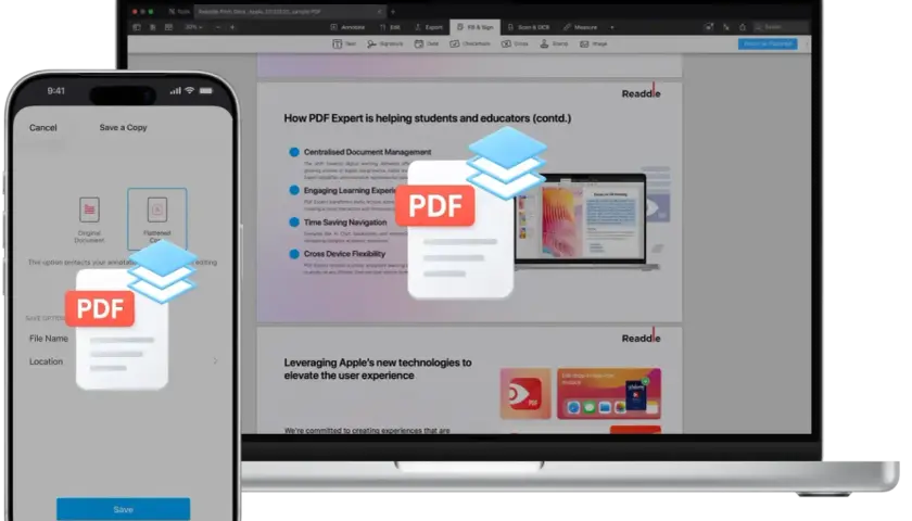 Ikona PDF na ekranie telefonu i laptopa z dokumentem.