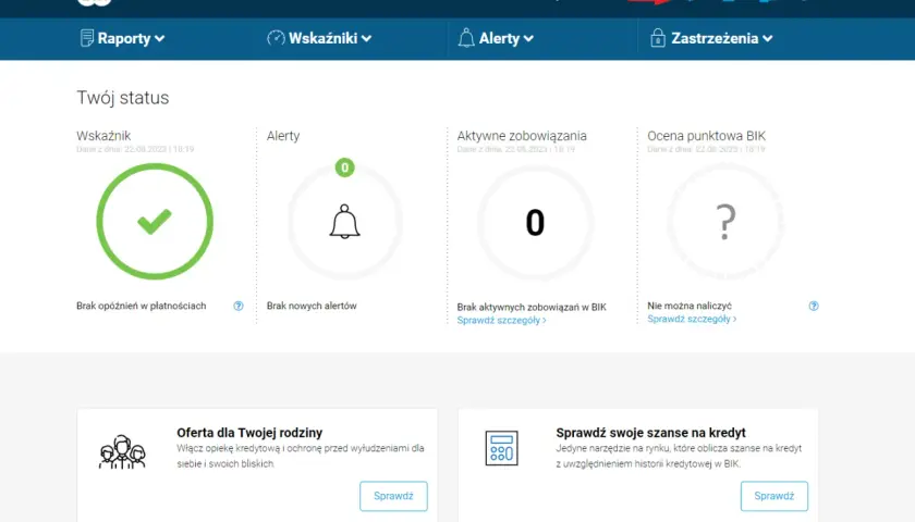 Panel BIK z informacjami o statusie: brak opóźnień, alertów, zobowiązań i oceny punktowej.