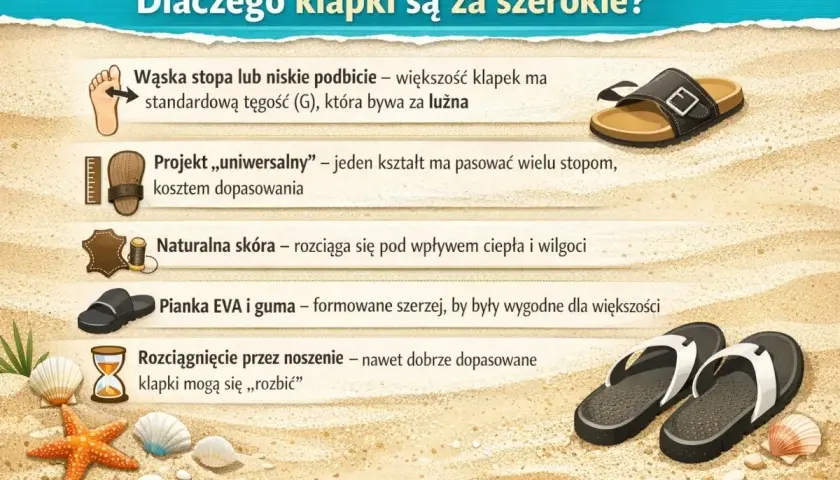 Klapki bywają za szerokie przez uniwersalny projekt, naturalną skórę i piankę EVA. Wąskie stopy mogą czuć się w nich luźno.