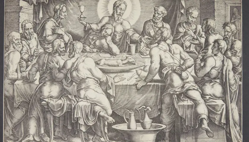 Das letzte Abendmahl: Jesus mit Jüngern am Tisch. Judas, erkennbar an der Geldtasche, ist im Schatten.