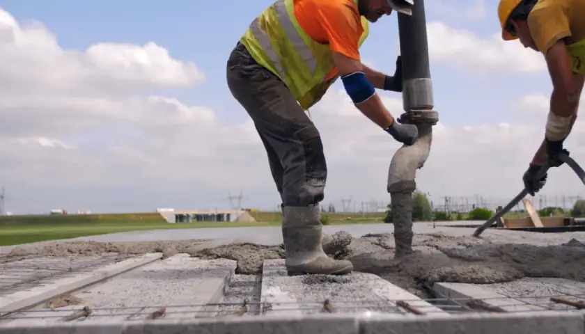 Robotnicy wylewają beton na strop Teriva. Widać pompę do betonu i zbrojenie.