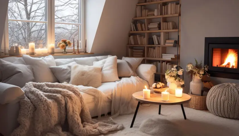 Un salon douillet, avec un canapé blanc moelleux, une couverture épaisse, des bougies allumées et un feu de cheminée. Ambiance style cocooning parfaite pour l'hiver.