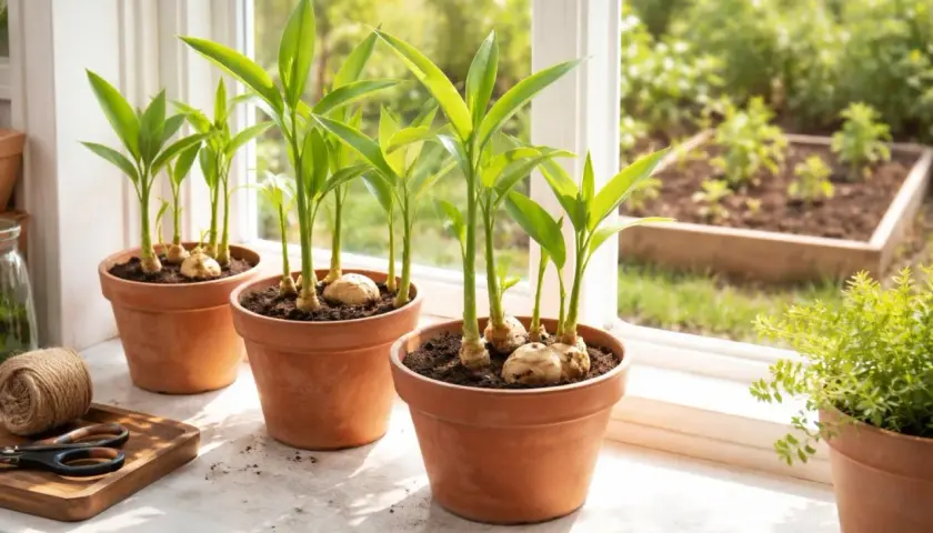 Junge Ingwerpflanzen in Terrakotta-Töpfen auf einer Fensterbank. Im Hintergrund ein Gartenbeet.