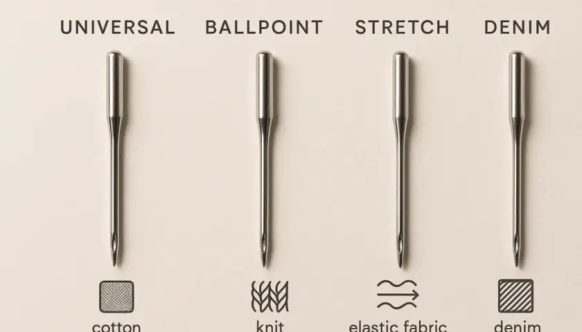 Four sewing machine needles: Universal, Ballpoint, Stretch, and Denim. Each is shown with an icon representing the fabric it's best for.