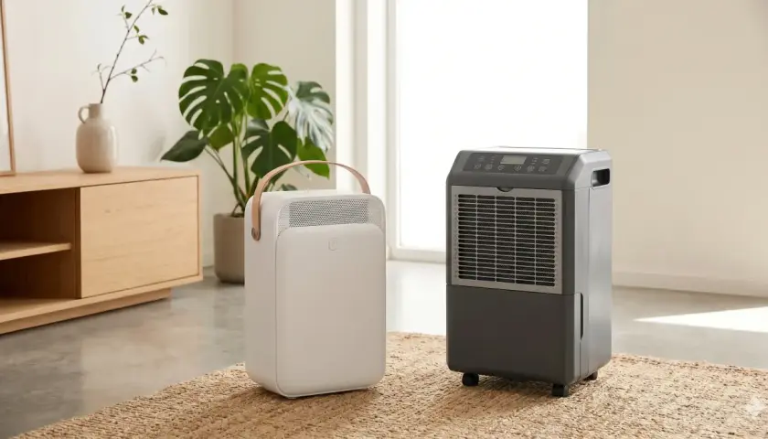 Dos tipos de deshumidificador, uno blanco y portátil, otro gris con ruedas, en una sala de estar moderna.
