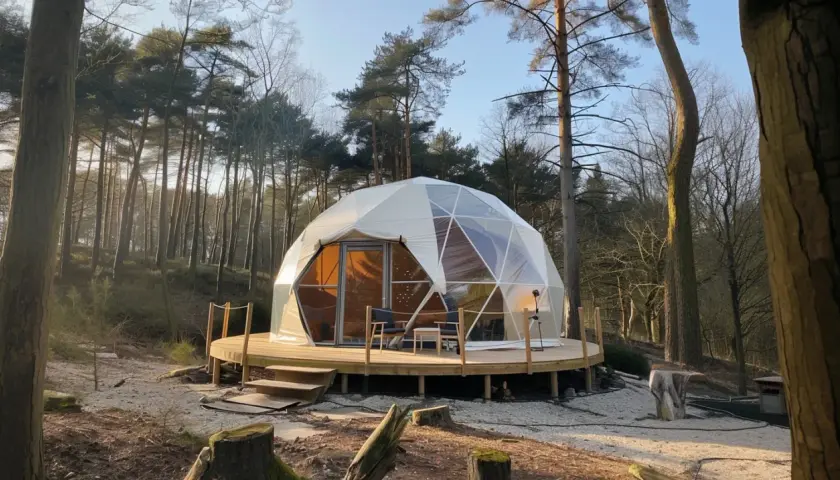 Glamping co to jest? To nowoczesny namiot geodezyjny w lesie, z tarasem i wygodnymi meblami. Idealne miejsce na relaks.