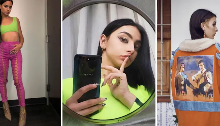 Choni con estilo: look atrevido con top verde y pantalones rosas de cordones, selfie en espejo y chaqueta con estampado artístico.