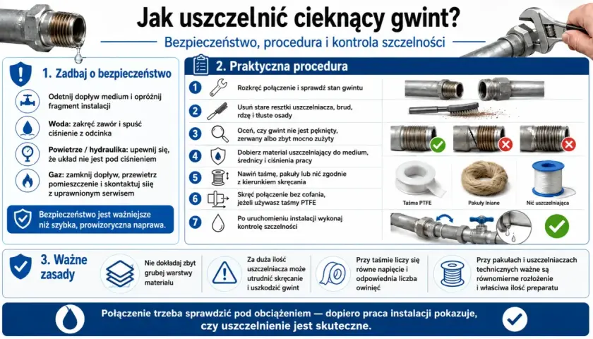 Porównanie taśmy teflonowej i pakuł lnianych do uszczelniania gwintów. Wybierz odpowiedni materiał i technikę, by uniknąć przecieków.