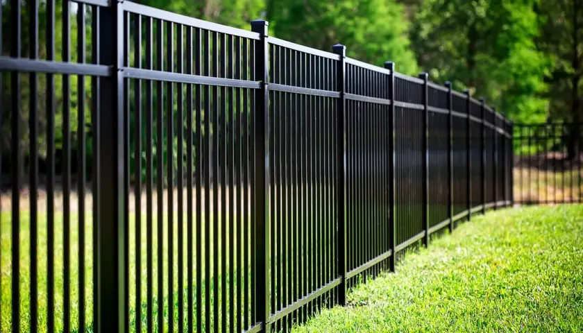 Czarny, metalowy płot ogrodowy, idealny do zabezpieczenia posesji. Zastanawiasz się, jaka farba do metalu na zewnątrz sprawdzi się najlepiej?