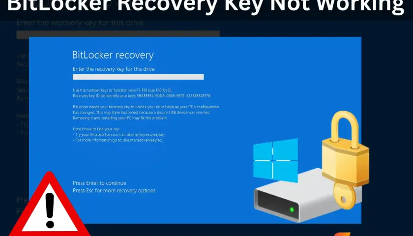 Ekran odzyskiwania BitLocker, gdy klucz nie działa. Widoczny dysk z kłódką i kluczem, symbol Windows oraz ostrzeżenie.