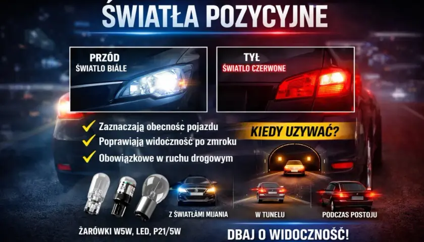 Światła postojowe: białe z przodu, czerwone z tyłu. Zwiększają widoczność i bezpieczeństwo na drodze, szczególnie po zmroku i w tunelu.