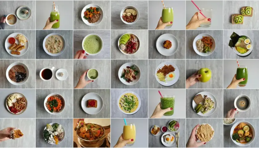 Kolaż zdjęć z inspiracjami: 50 pomysłów na obiad. Znajdziesz tu zdrowe śniadania, lunche i desery.