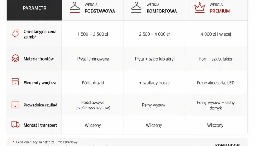 Tabela porównująca wersje szaf na wymiar: podstawową, komfortową i premium. Cennik uwzględnia materiały, wyposażenie i montaż.