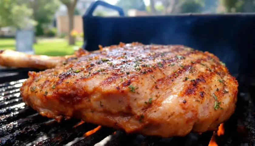 Un morceau d'agneau savoureux, grillé au barbecue, avec une belle marinade. Les herbes vertes parsèment la viande dorée.