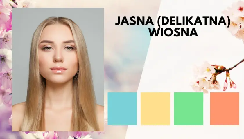 Portret kobiety o jasnych włosach, idealny dla typu urody wiosna. Obok paleta pastelowych barw: błękit, żółty, zieleń, brzoskwinia.