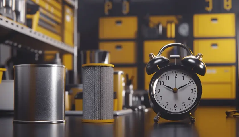 Filtr DPF i budzik na tle warsztatu z żółtymi szufladami.