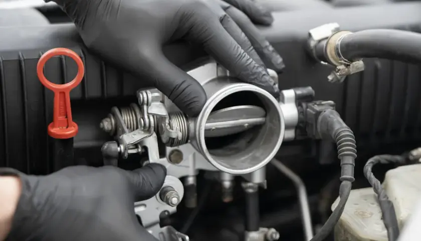 Mechanik w czarnych rękawiczkach sprawdza przepustnicę. Objawy awarii mogą być różne, od nierównej pracy silnika po problemy z przyspieszeniem.