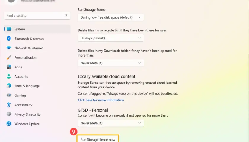 Ustawienia Oczyszczanie dysku Windows 11: uruchomienie Storage Sense, konfiguracja usuwania plików z kosza i folderu Pobrane, zarządzanie treściami w chmurze.