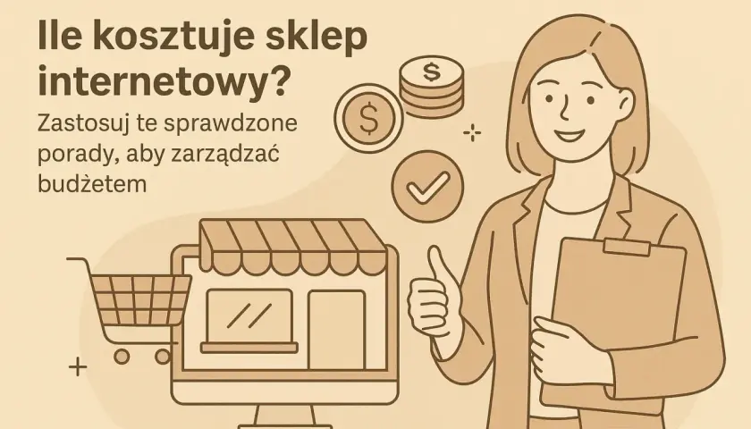 Koszty sklepu internetowego: grafika pokazuje komputer z wózkiem sklepowym, monety i kobietę z kciukiem w górę.