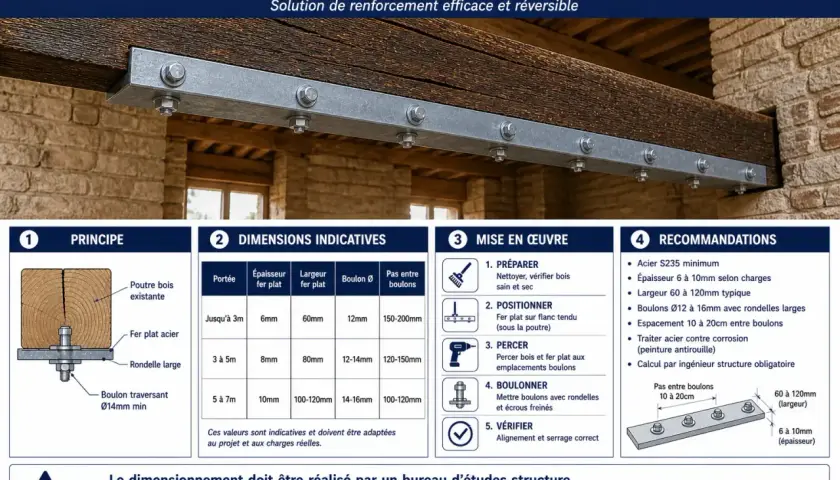 Fixation poutre bois sur mur avec fer plat acier boulonné, renforçant la structure.