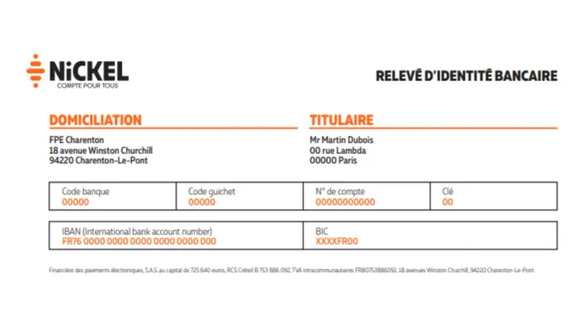 Relevé d'identité bancaire Nickel. La domiciliation bancaire, c'est quoi ? Voici les informations pour le compte de Mr Martin Dubois.