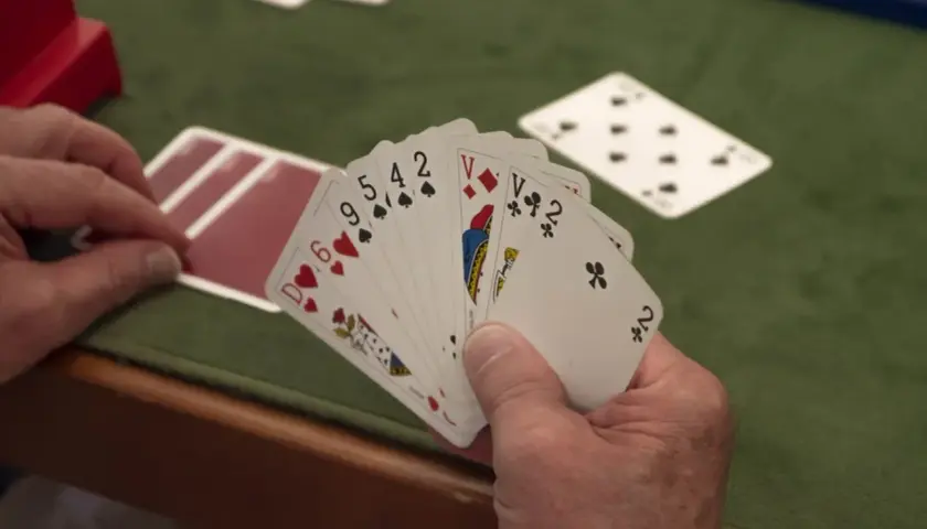 Gracz trzyma karty: 6, 9, 5, 4, 2, Walet, Walet, 2. Takie są gry w karty.