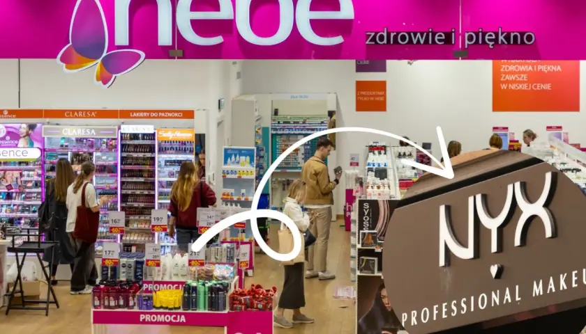 Sklep Hebe z promocjami, widoczne logo NYX Professional Makeup.
