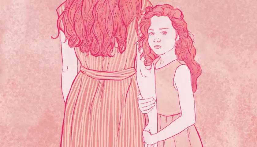 Bambina con sguardo intenso, stretta al braccio di una figura adulta. L'ombra di una madre narcisista anziana si proietta su di lei.