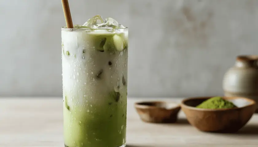 Erfrischender Eiskaffee mit Matcha und Hafermilch, garniert mit einem Bambusstrohhalm.