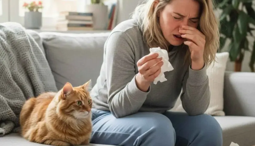 Mujer estornudando con un pañuelo, junto a un gato naranja. Necesita desinfectar la casa contra la alergia de gatos.