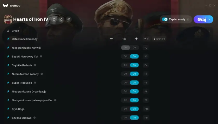 Interfejs programu WeMod z włączonymi **hoi4 kodami**, takimi jak nieograniczone zasoby i szybka budowa, ułatwiający rozgrywkę w Hearts of Iron IV.