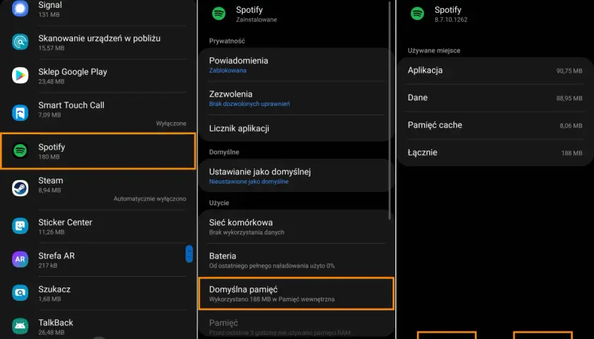 Spotify nie działa? Sprawdź ustawienia pamięci aplikacji. Wykorzystano 188 MB.