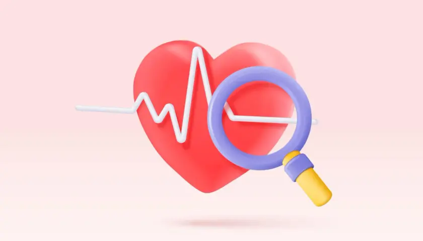 Cuore rosso con elettrocardiogramma e lente d'ingrandimento, simbolo di ricerca per il bisoprololo e ansia.