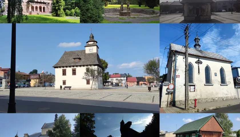 Urokliwe kadry z Pilicy: ratusz, kościół, park i domy tworzą malowniczy obraz tego miasta.