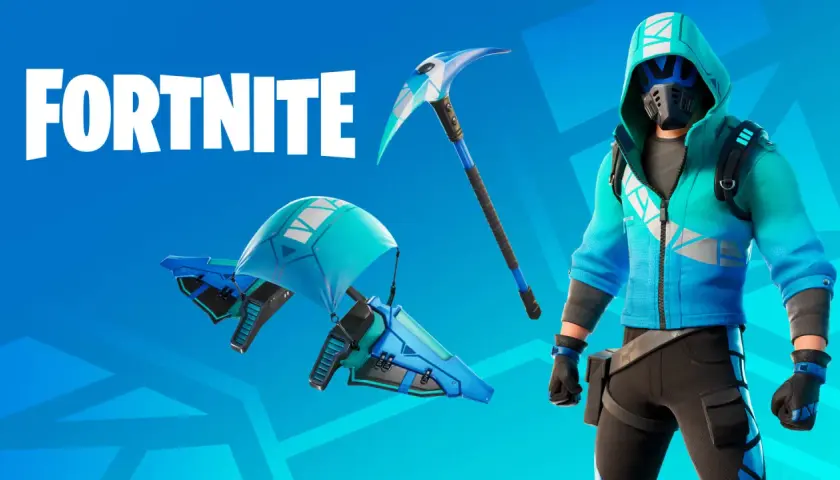 Bohaterka Fortnite w niebieskim stroju z maską, kilofem i lotnią.