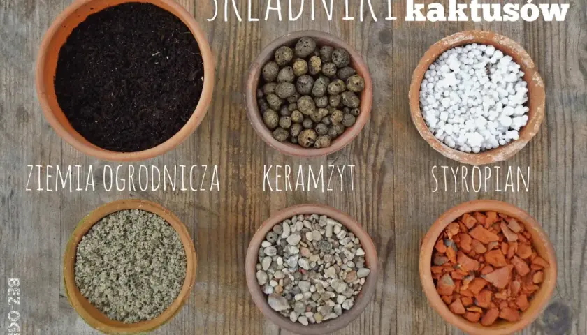 Sześć doniczek z różnymi składnikami do przygotowania idealnej ziemi do kaktusów: ziemia ogrodnicza, keramzyt, styropian, piasek, żwirek i cegła.