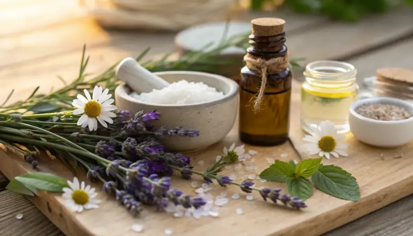 Naturliga ingredienser för hudvård: lavendel, kamomill, örter och jojobaolja ansikte i bärnstensfärgad flaska.