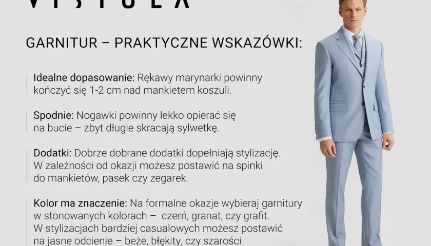 Mężczyzna w błękitnym garniturze Vistula. Porady dotyczące idealnego dopasowania, spodni, dodatków i koloru, które pomogą wybrać odpowiednie marki garniturów.