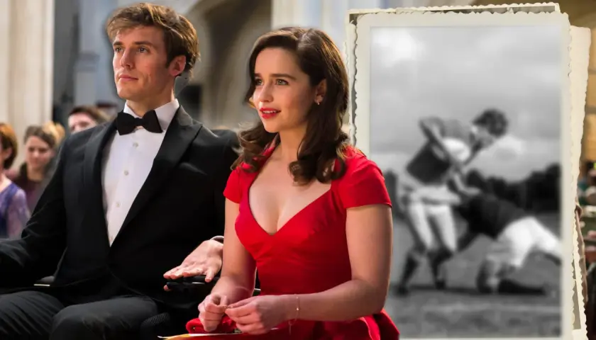Ein Mann im Rollstuhl und eine Frau in Rot, inspiriert von Jojo Moyes' "Mein Leben in deinem". Ein Schwarz-Weiß-Foto von Rugby-Spielern im Hintergrund.