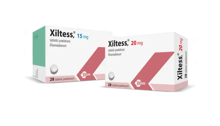 Dwa opakowania leku Xiltess: 15 mg i 20 mg, zawierające 28 tabletek powlekanych każdy.