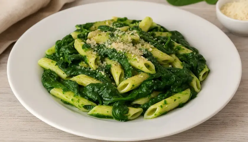Pâtes aux épinards, une recette italienne simple et savoureuse. Les penne sont enrobées d'une sauce verte aux épinards frais, saupoudrées de parmesan.