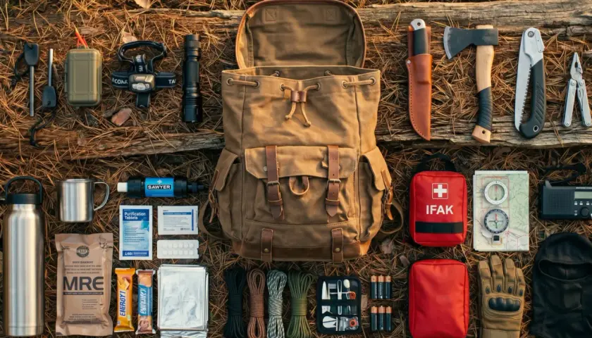 Plecak i ekwipunek survivalowy: nóż, siekiera, latarka, mapa, kompas, IFAK, racje żywnościowe, filtr wody, baterie. To wszystko to przygotowania do wojny.