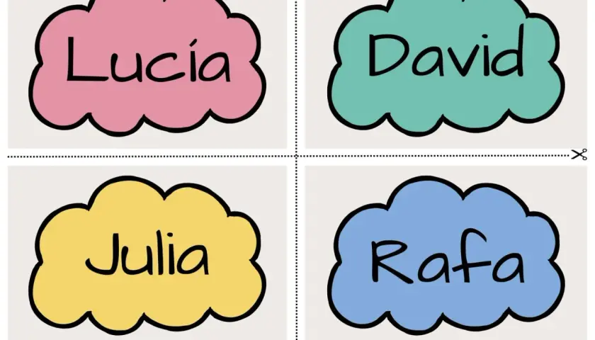 Nubes de colores con nombres: Lucía, David, Julia y Rafa. Ideales para imprimir nombres con letras bonitas y personalizarlos.