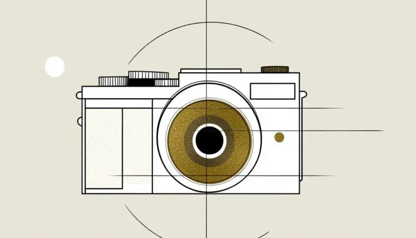 Stylizowana grafika aparatu z złotym obiektywem, symbolizująca kluczowe elementy ekspozycji w fotografii.