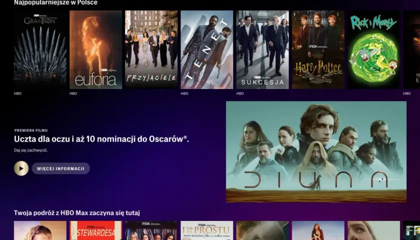 Ekran główny HBO Max z miniaturami popularnych seriali i filmów, w tym "Gra o Tron" i "Diuna".