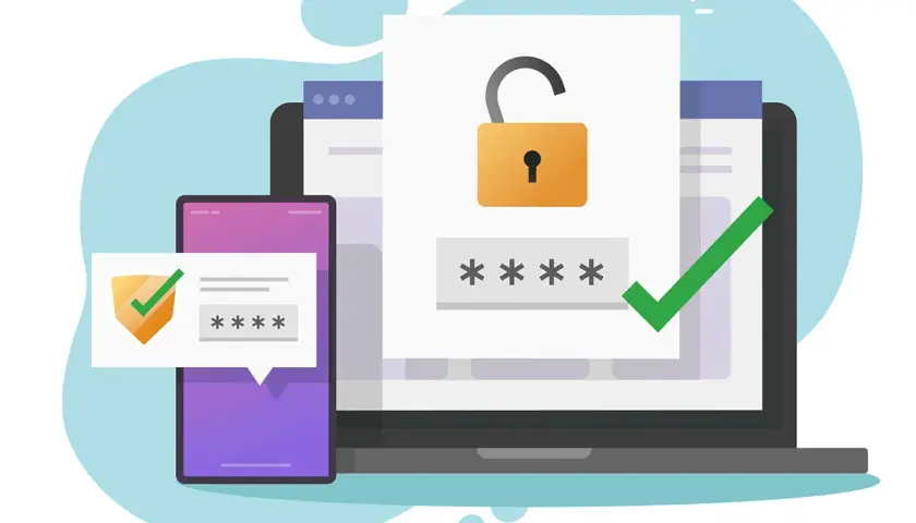 Sécurité renforcée : un cadenas ouvert et des étoiles pour le mot de passe sur un écran d'ordinateur, avec un téléphone affichant un code et un bouclier. Fin des demandes de mot de passe intempestives Office 365.