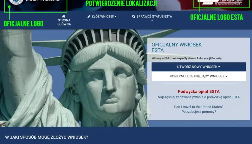 Fragment Statuy Wolności na tle flagi USA, z logo ESTA i informacjami o wniosku.