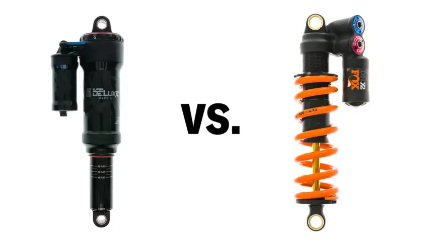 RockShox Super Deluxe vs. Fox DHX2 coil shock. Two mountain bike suspension shocks, one air, one coil, ready for action.