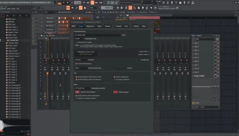 FL Studio mit geöffnetem Mixer-Fenster und Einstellungen für die Audiogeräte. Ein Musikproduzent nutzt die Software für FL Studio Recording.